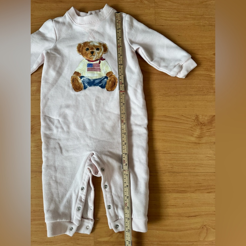 Ralph Lauren Baby Girl Pink Polo Teddy Bear Cotton Fleece Coverall Romper 9 Mo - Picture 16 of 16